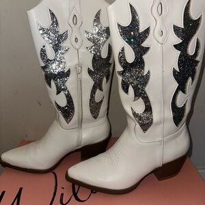 White and Silver Glitter Western Boots